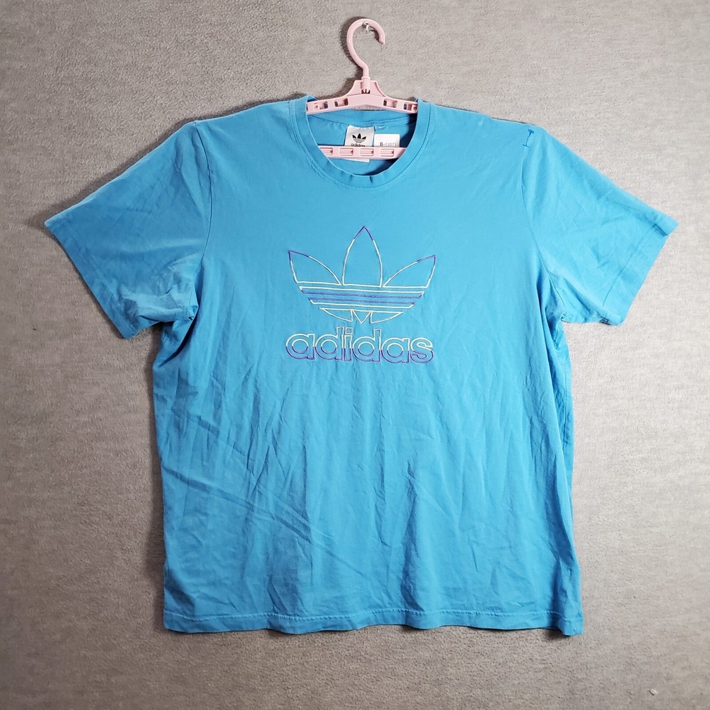 Adidas Men Shirt 2XL Blue Big Logo Trefoil Embroidered Organic Cotton Tee